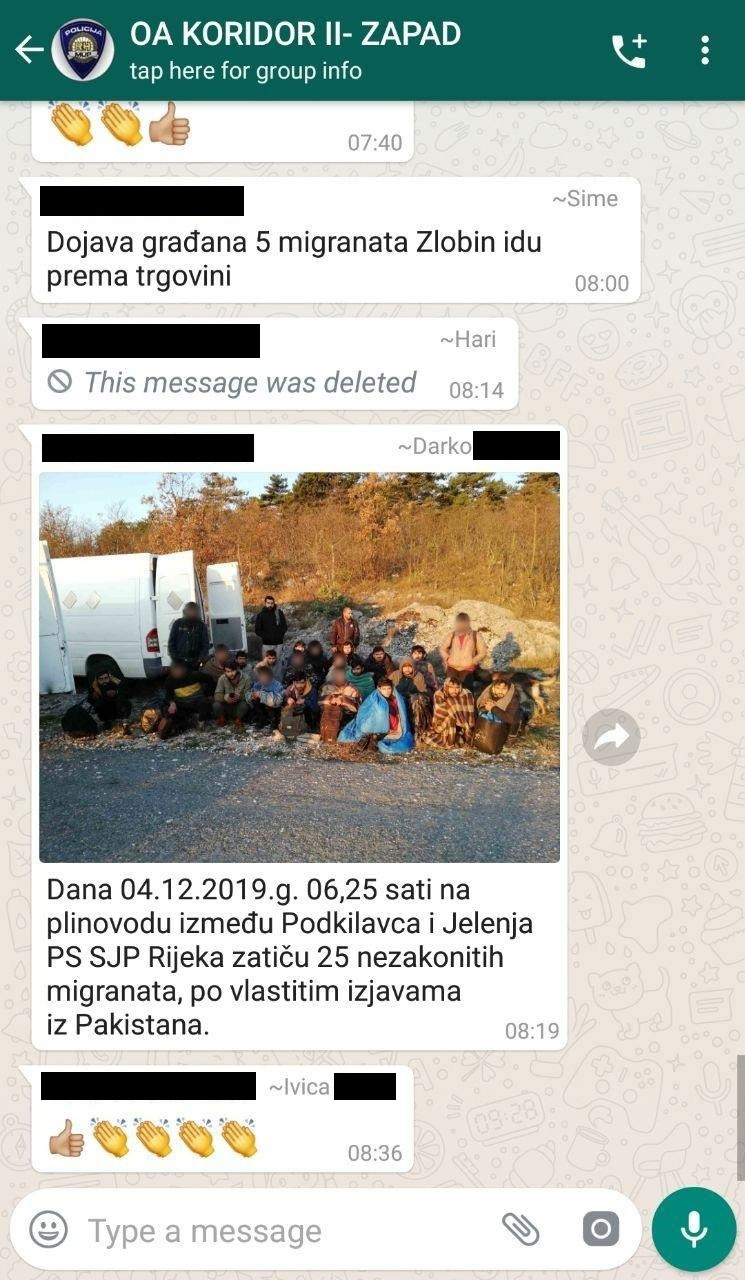 لقطة شاشة من مجموعة التنسيق بين ضباط الشرطة الكرواتية لضبط المهاجرين على الحدود (TELEGRAM)