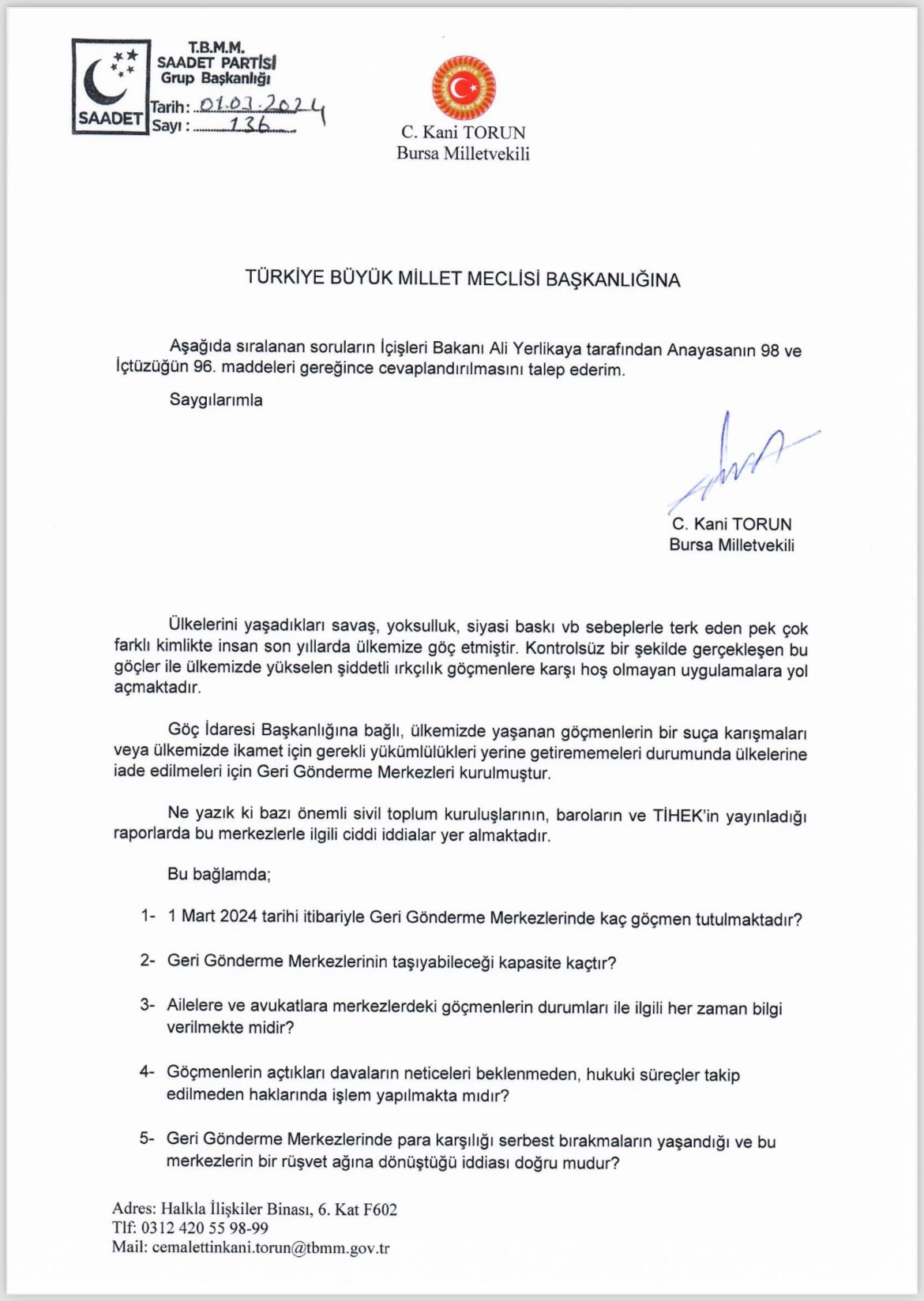مقترح لإجراء تحقيق حول أوضاع مراكز ترحيل المهاجرين في تركيا - 4 آذار 2024 (Kani Torun/ تويتر)
