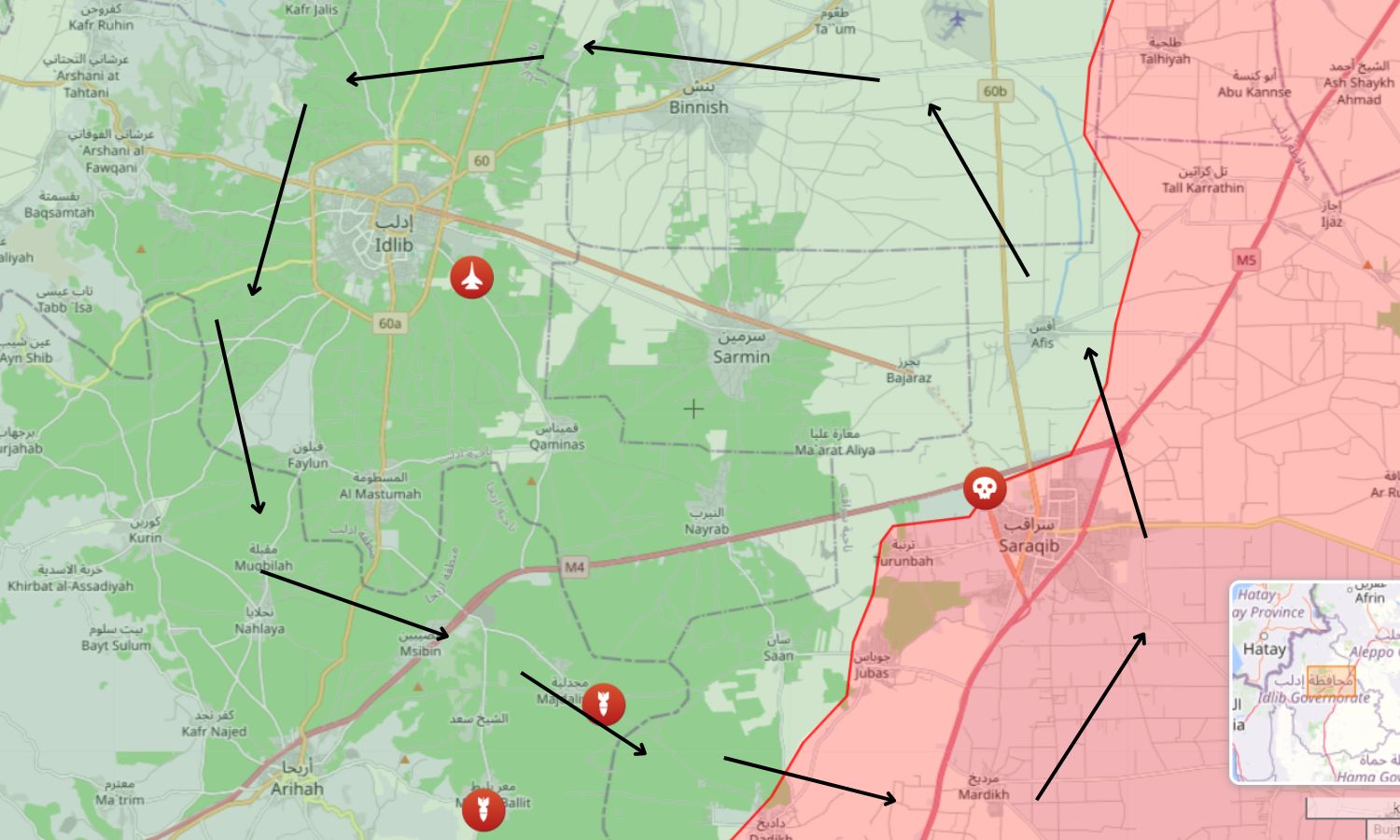 خريطة لمناورات وتدريبات الطيران الروسي في شمال غربي سوريا (تعديل/ syria.liveuamap)